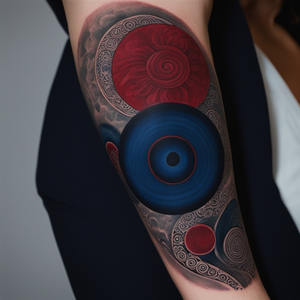 A tattoo of dark blue circles and dark red swirls in a black and gray Japanese and Batik textile down the arm